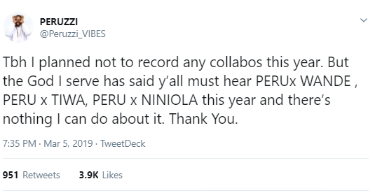 Peruzzi Lists Out Upcoming Collabos Including Wande & Tiwa Savage