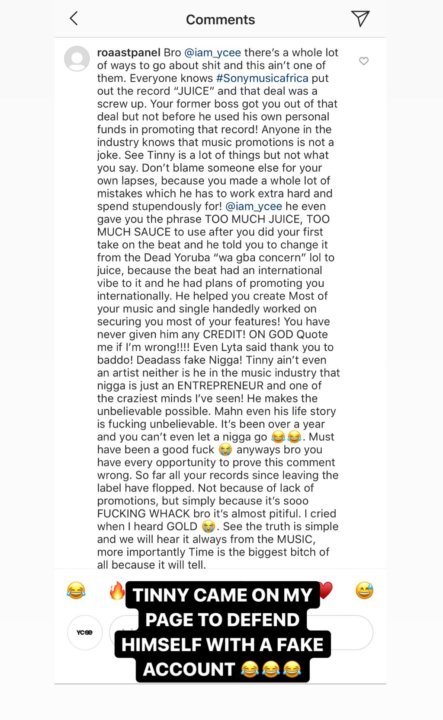 Tinny's assumed Instagram response to Ycee
