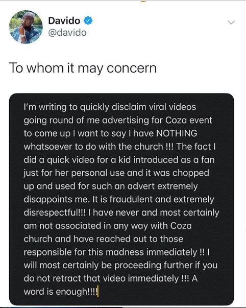 Davido's statement