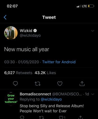 Wizkid Tweet - New music all year