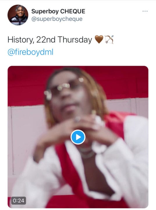 Cheque Drops Details For “History” Video Featuring Fireboy DML WATCH