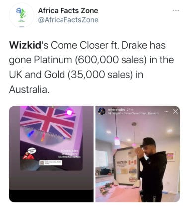 Wizkid’s Come closer platinum in the UK and gold in Australia 