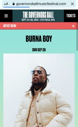 Burna Boy Set To Perform At The Governors Ball Music Festival