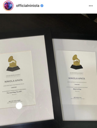 Niniola Receives Her Grammy Awards Certificate for "Lion King" Album