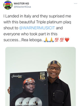 Master KG Receives 3x Platinum Plaque in Italy for 'Jerusalema'