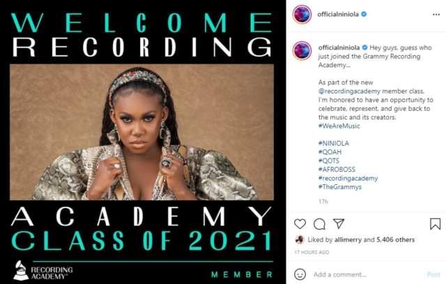 Niniola Joins Grammy Recording Academy With the Class of 2021