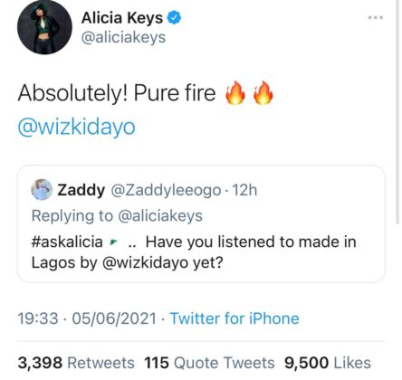 Wizkid's 'Made in Lagos' Album is 'Pure Fire' - Alicia Keys | NotjustOK