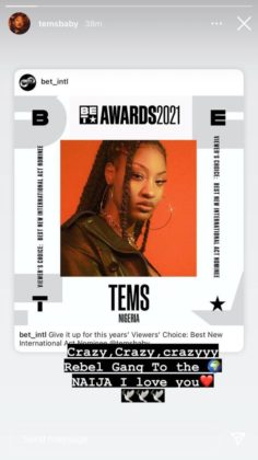 Tems Grabs BET Awards Nomination for Best New International Act