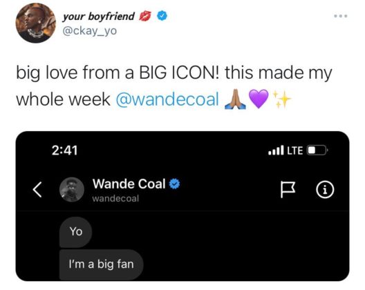 "I'm a Big Fan" - Wande Coal Appreciates Ckay's Talent | NotjustOK