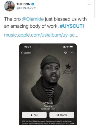 Don Jazzy, Timi Dakolo, Do2dtun, and Others React to Olamide's 'UY Scuti'