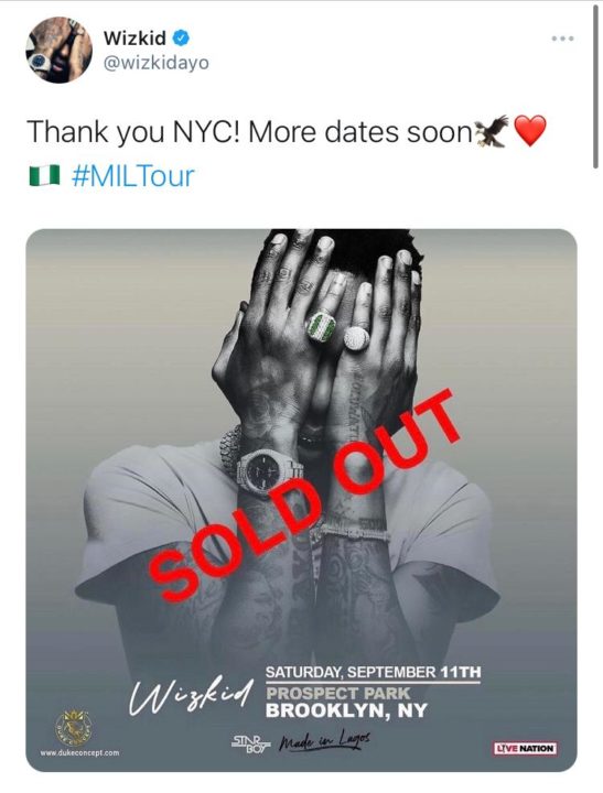 Tickets for Wizkid's Show in New York Sold Out in Minutes! NotjustOK