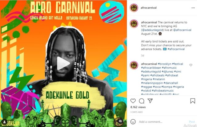 Adekunle Gold Billed to Headline Afro Carnival 2021 in New York