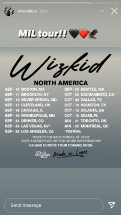 Wizkid Releases Dates for 'Made in Lagos" Tour in North America