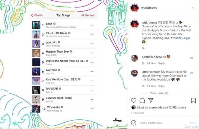 Wizkid Tems Essence Breaks New Record on US Apple Music Top 10 NotjustOK
