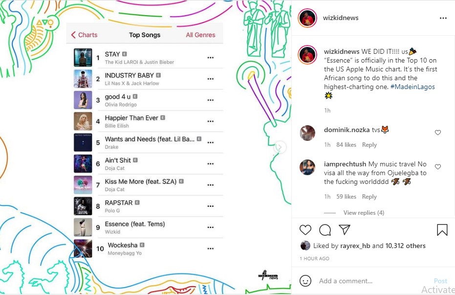Wizkid's "Essence" Breaks New Record on US Apple Music Top 10