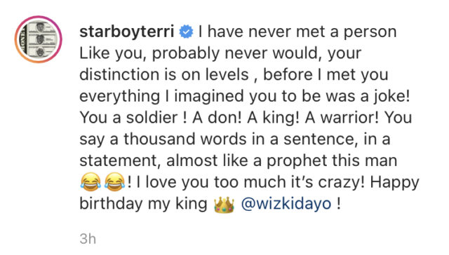 Read Terri Birthday Message to Wizkid