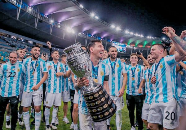Lionel Messi and teammates celebrating Copa America victory