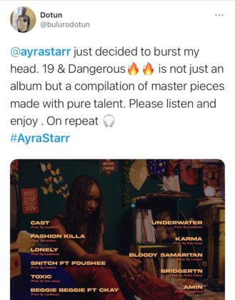 Reactions Trail Ayra Starr Debut Album 19 and Dangerous NotjustOK 