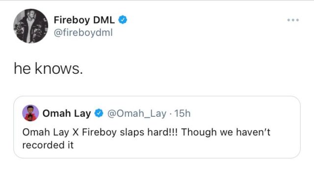 Fireboy DML and Omah Lay Hint at New Collab NotjustOK Twitter