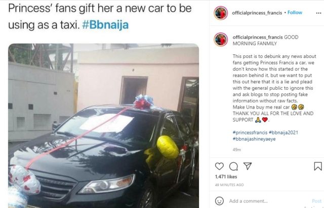 BBNaija Update Princess Debunks Story of Fans Gifting Her a Car Read NotjustOK