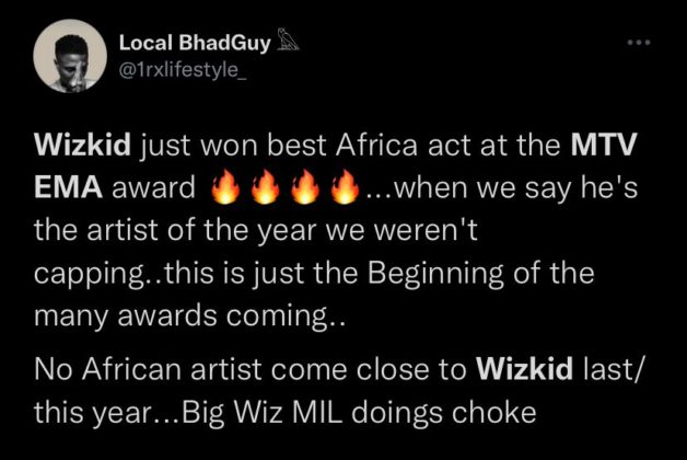 See Reactions to Wizkid Best African Act Award at MTV EMA 2021 NotjustOK