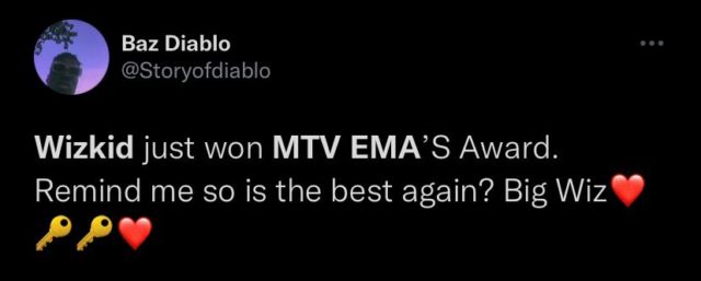 See Reactions to Wizkid Best African Act Award at MTV EMA 2021 NotjustOK