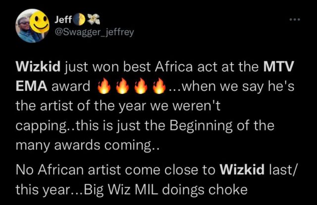 See Reactions to Wizkid Best African Act Award at MTV EMA 2021 NotjustOK