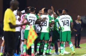 The super eagles of Nigeria celebrating a goal