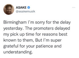 Asake apology Birmingham