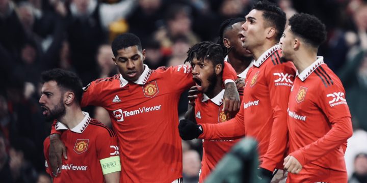 Manchester United Players celebrating a goal against Barcelona