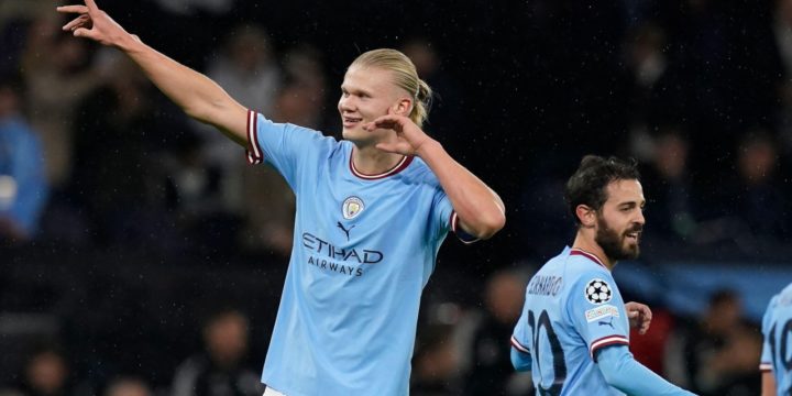 Erling Haaland celebrating one of goals for Man City