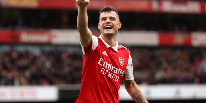 Granit Xhaha celebrating his goal for Arsenal