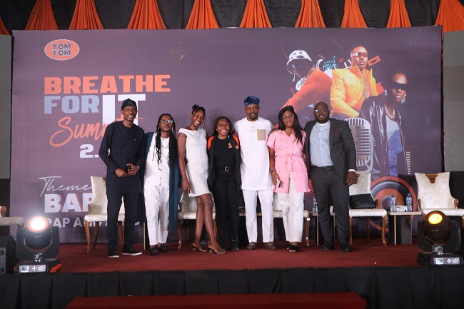 Panelist for Tomtom Summit: (L-R)Panel Moderator, Samuel Akinnuga; Songwriter and Rapper, Jesse Jagz; Music Business Executive, Tamunosaki Romeo; Brand Manager (Gum & Candy) Cadbury West Africa, Joan Odafe; Entertainment Lawyer, Akinyemi Ayinoluwa; Entertainment Lawyer, Public Speaker and Entertainment Business Consultant, Rosemary Ofoegbu; Talent and Events Manager, Fiammari Zoaka; at the Breathe For It Summit, held in Jos recentl