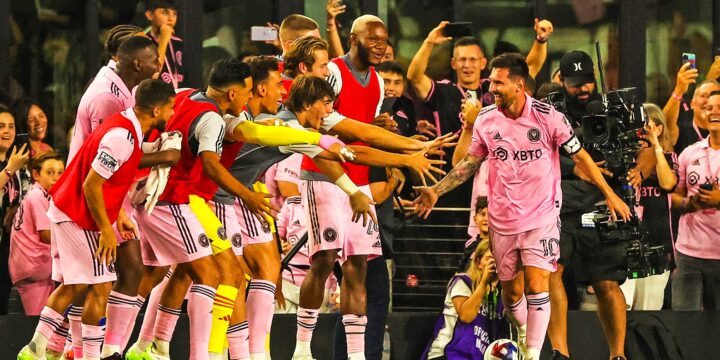 Lionel Messi celebrating his first goal for Inter Miami