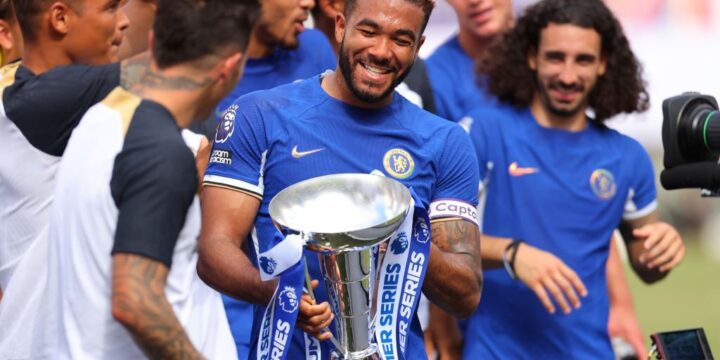 Reece James lifting the Premier League summer series trophy