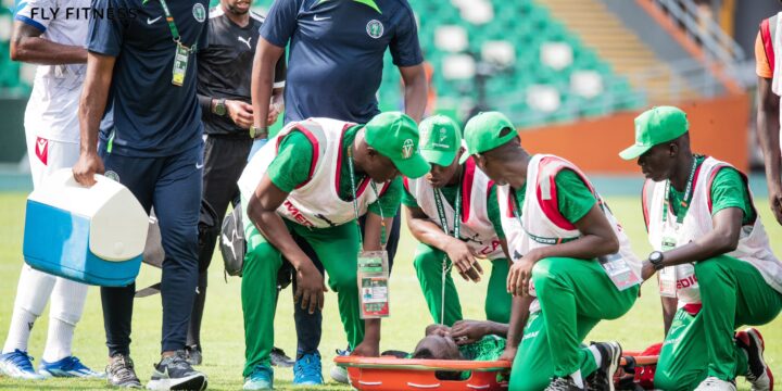 Yusuf Al-Hassan being stretched off during the AFCON 2023 game against Equatorial Guinea