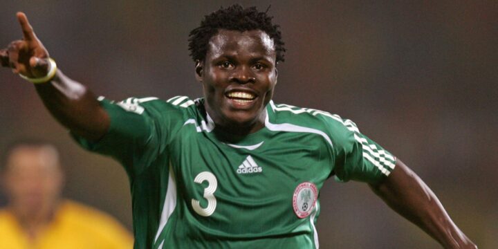 Taye Taiwo celebrating his goal for Nigeria against Ghana at AFCON 2006.