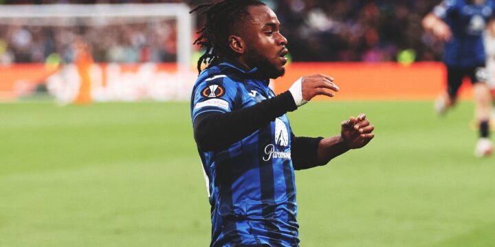 Ademola Lookman celebrating his goal for Atalanta in the UEFA Europa League final fixture against Bayer Leverkusen