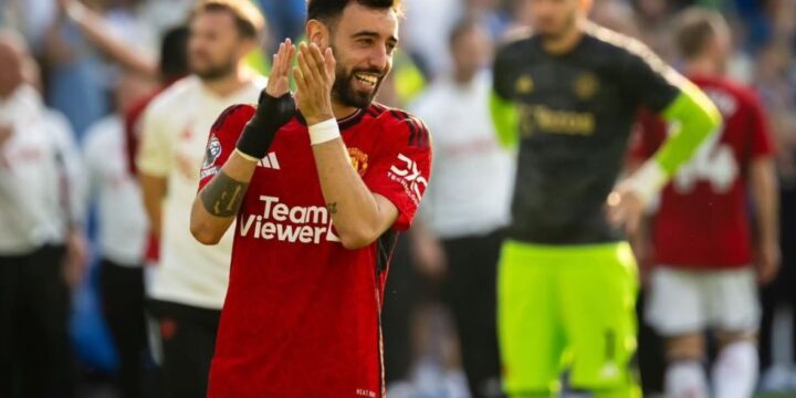 Bruno Fernandes appreciating Manchester United supporters after a game