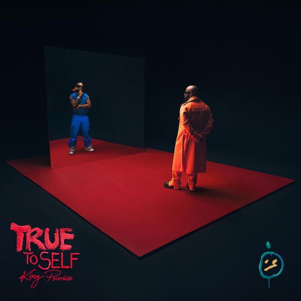The album cover for "True To Self" by King Promise features a visually striking scene. In a dark, minimalist room with a red floor, King Promise is seen standing in front of a large mirror. He is dressed in an orange trench coat and matching pants, looking at his reflection. His reflection, however, shows him in a blue sleeveless outfit with his hand on his chin, as if deep in thought. The album title "TRUE TO SELF" is written in bold, textured red letters at the bottom left, with King Promise's name in smaller script below it. An abstract logo is positioned at the bottom right corner of the cover.