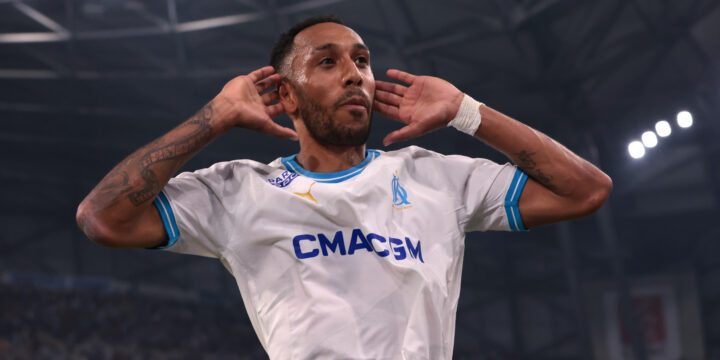 Pierre-Emerick Aubameyang celebrating his goal for Marseille 