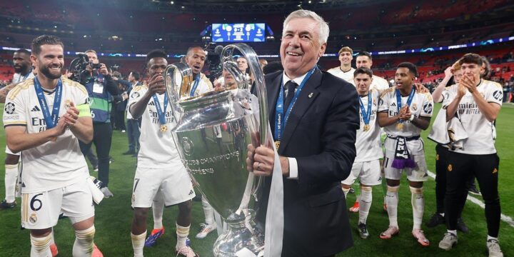 Carlo Ancelotti lifting his fifth UEFA Champions League trophy