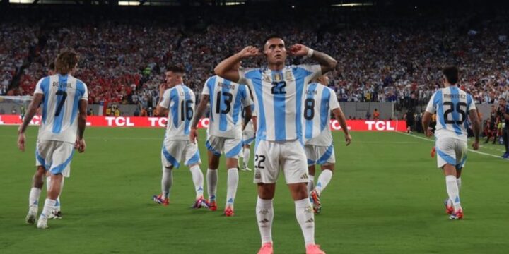 Lisandro Martinez celebrating his goal in Argentina vs Peru Copa America 2024 Highlight