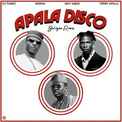 The cover art for the "Apala Disco Balogun Remix" by DJ Tunez featuring Wizkid, Seyi Vibez, and Terry Apala showcases a clean, retro design. The title "APALA DISCO" is displayed prominently at the top in bold, red, curved letters, with "Balogun Remix" written in smaller script beneath it. Below the title, there are three black and white circular portraits of the featured artists: Wizkid on the left, Seyi Vibez in the center, and Terry Apala on the right. Each portrait is framed by a red circle, giving a cohesive look to the design. The artists' names are listed at the top in black text, creating a balanced and organized layout. The overall feel is vintage yet modern, paying homage to the disco era while highlighting the featured artists.