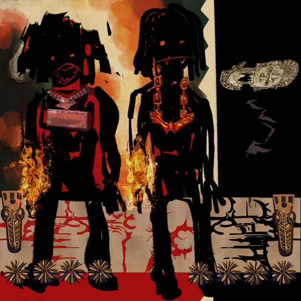 The cover art for "Benin Boys" by Rema and Shallipopi features an abstract and artistic design. It depicts two dark, humanoid figures with stylized dreadlocks and exaggerated features. The figure on the left wears a large, rectangular pendant, while the figure on the right sports elaborate, flame-like jewelry. Both figures have flames emanating from their bodies, adding a dynamic and intense visual element. The background is a mix of earthy tones, abstract patterns, and symbolic elements, including tribal masks and intricate designs. The overall aesthetic is bold, with a blend of traditional and contemporary artistic influences.