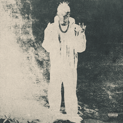 The cover art for Peso Pluma's album "Exodu" features a monochromatic, high-contrast image of the artist. Peso Pluma stands in the center, dressed in a white outfit that appears to glow against the dark, textured background. His hair is styled upward, and he is making a hand gesture with his right hand. The overall effect is ethereal and striking, with a grainy texture adding to the dramatic, almost ghostly appearance. A parental advisory label is visible in the bottom right corner.