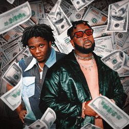 The image is the cover art for the song "Money" by Kelvin Jones featuring Majeeed. It features the two artists standing side by side, surrounded by floating dollar bills. Kelvin Jones, on the right, is wearing a dark leather jacket and sunglasses, while Majeeed, on the left, is dressed in a light blue and white shirt. The background is filled with numerous U.S. dollar bills, emphasizing the theme of wealth and money. The overall aesthetic is bold and flashy, reflecting the song's title and theme.