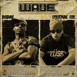 The cover art for the single "Wave" by Asake featuring Central Cee has a vintage newspaper aesthetic. It is divided into two sections, with Asake on the left and Central Cee on the right. Asake is wearing sunglasses, a beret, and a patterned shirt, striking a confident pose with his arms crossed. Central Cee is dressed in a black Stüssy shirt, sunglasses, and a bandana, with his hands clasped in front of him. The title "WAVE" is prominently displayed at the top in a bold, retro font. Below each artist's image are paragraphs of text mimicking newspaper articles. The overall design has a weathered, sepia-toned look, enhancing the vintage feel.
