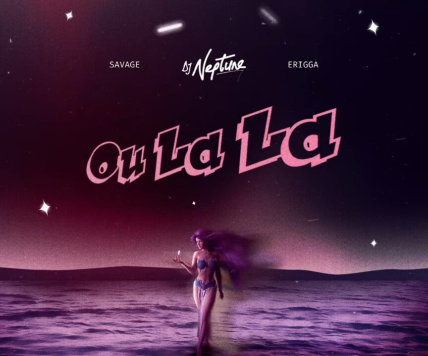 The cover art for "Ou La La" by DJ Neptune, featuring Savage and Erigga, has a surreal, cosmic theme. It depicts a woman in a bikini standing on a vast body of water under a dark, starry sky. Her long hair flows dramatically, and the water reflects the hues of the sky, creating a mystical atmosphere. The title "Ou La La" is prominently displayed in bold, pink, retro-styled font in the center of the image, with the names "Savage" and "Erigga" appearing smaller above it. The artist's name, "DJ Neptune," is written in a stylish, white script above the title. The overall mood of the artwork is dreamy and otherworldly.