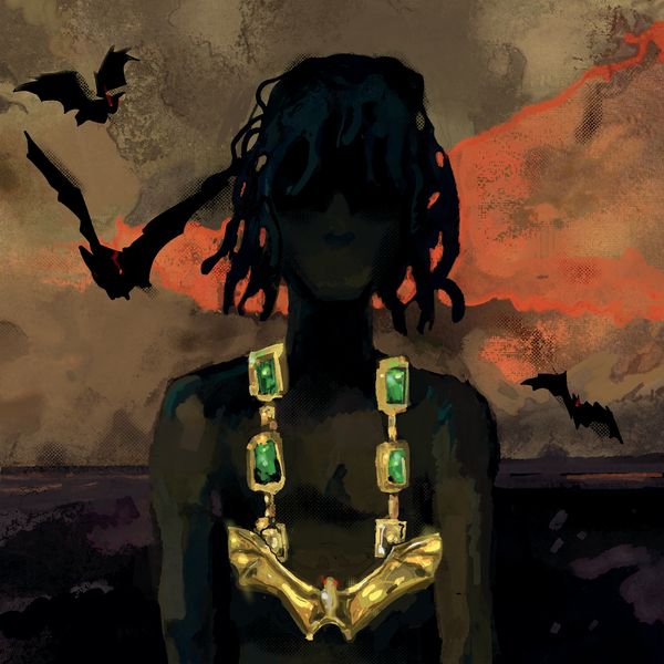 The image is a cover art for HEIS album by Rema featuring a dark, shadowy figure with dreadlocks, wearing a large necklace adorned with green gemstones and a prominent bat-shaped pendant. The background depicts a dramatic, cloudy sky with a reddish hue, suggesting a sunset or sunrise. Several black bats are flying around, adding to the mysterious and eerie atmosphere of the artwork.